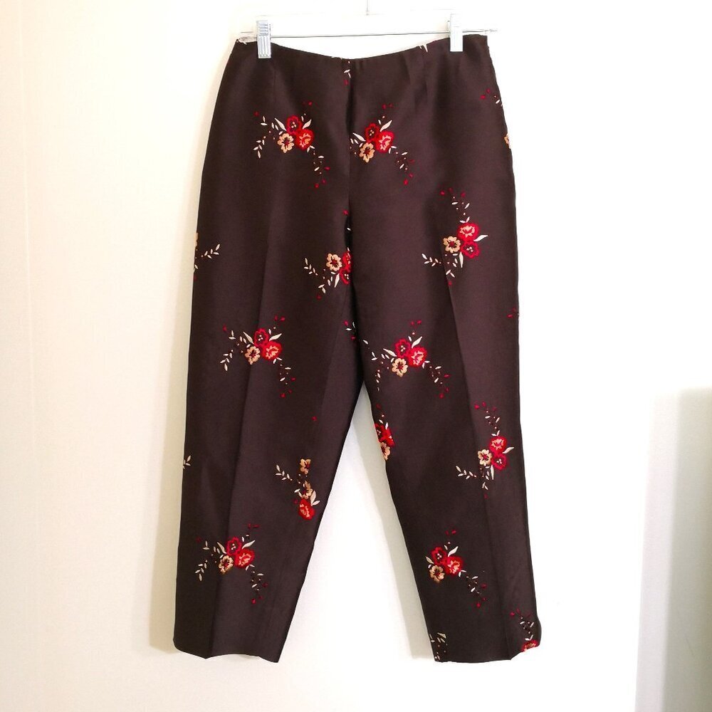 Dana Buchanan Women’s Silk Retro Boho Embroidered Floral Brown Pants Size‎ 6P